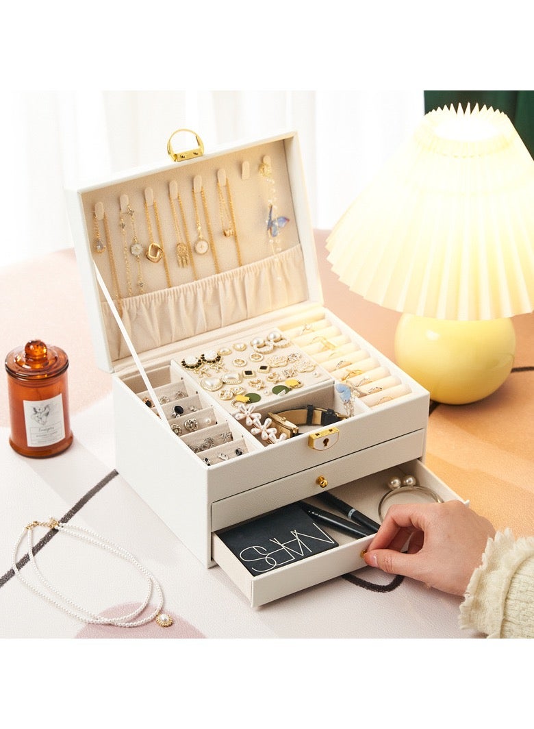صندوق منظم للمجوهرات للنساء والفتيات، منظم مجوهرات ثلاثي الطبقات مع قفل ودرج، حامل مجوهرات محمول مع صواني قابلة للإزالة لتخزين الأقراط والخواتم والسلاسل والأساور والنظارات الشمسية، منظم للدرج - Image 1