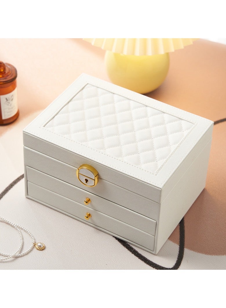 صندوق منظم للمجوهرات للنساء والفتيات، منظم مجوهرات ثلاثي الطبقات مع قفل ودرج، حامل مجوهرات محمول مع صواني قابلة للإزالة لتخزين الأقراط والخواتم والسلاسل والأساور والنظارات الشمسية، منظم للدرج - Image 2