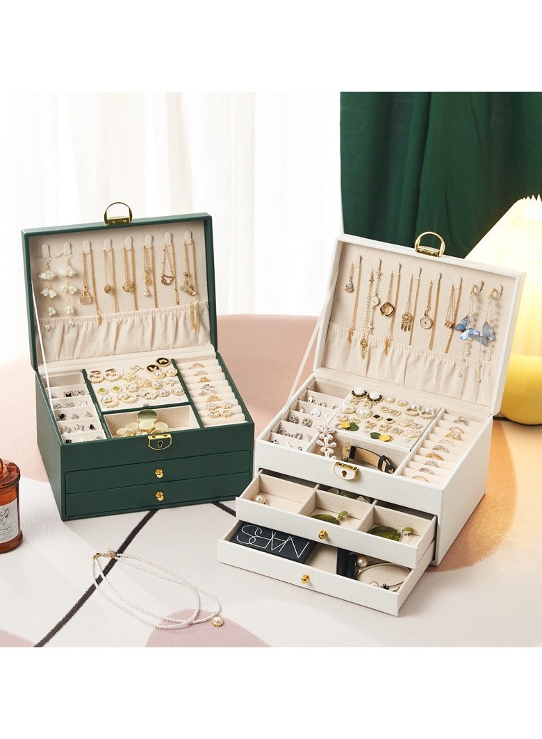 صندوق منظم للمجوهرات للنساء والفتيات، منظم مجوهرات ثلاثي الطبقات مع قفل ودرج، حامل مجوهرات محمول مع صواني قابلة للإزالة لتخزين الأقراط والخواتم والسلاسل والأساور والنظارات الشمسية، منظم للدرج - Image 3