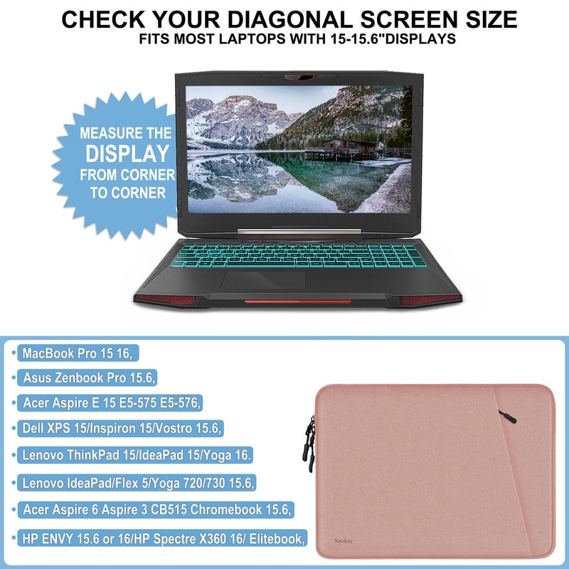 Naukay Laptop Sleeve Case  Shockproof Protective Computer Sleeve Cover With Accessories Pocket  Water Resistant Traveling Carrying Laptop Bag Compatible For 15.6 Inch Macbook Dell Hp Acer Lenovo  Pink - Image 4