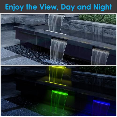 AquaMiracle All-in-1 Pond Waterfall Kit with LED Lights, 12" Stainless Steel Spillway with 660GPH Water Pump, Lighted Waterfall Fountain Outdoor for Water Garden, Backyard, Pool - Image 3