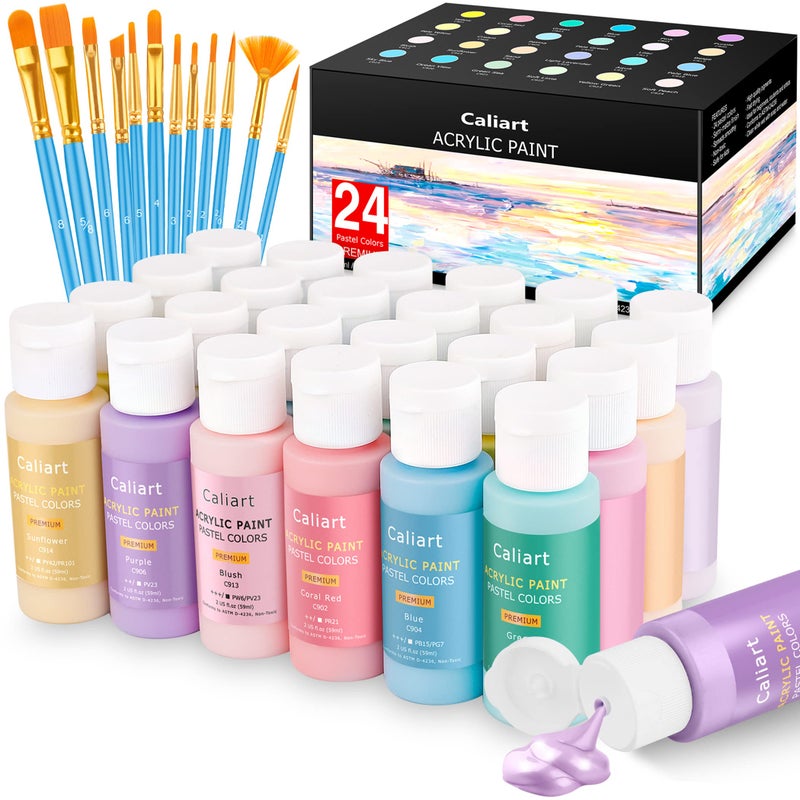 Caliart Pastel Acrylic Paint Set with 12 Brushes, 24 Pastel Colors (59ml, 2oz) Art Craft Paint for Artists Students Kids Beginners, Halloween Decorations Canvas Ceramic Wood Rock Painting Supplies Kit - Image 1