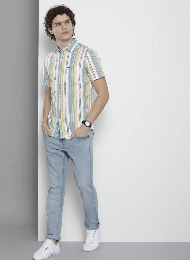 The Indian Garage Co Men Regular Fit Striped Full Sleeves Cutaway Collar Casual Shirt