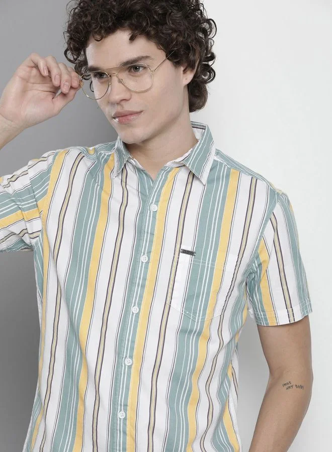 The Indian Garage Co Men Regular Fit Striped Full Sleeves Cutaway Collar Casual Shirt