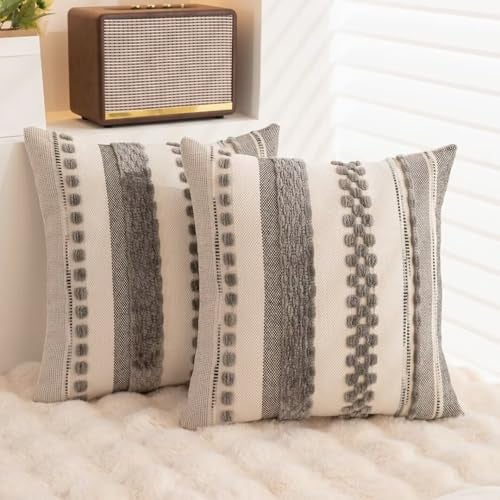 WANLIRD Boho Throw Pillow Covers 18x18 Set of 2 Farmhouse Decorative Cushion Case Striped Square Pillows Cover Chenille Pillow Cases Accent Neutral Pillowcase for Sofa Couch Bed,Gray - Image 4