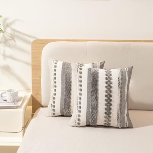 WANLIRD Boho Throw Pillow Covers 18x18 Set of 2 Farmhouse Decorative Cushion Case Striped Square Pillows Cover Chenille Pillow Cases Accent Neutral Pillowcase for Sofa Couch Bed,Gray - Image 5