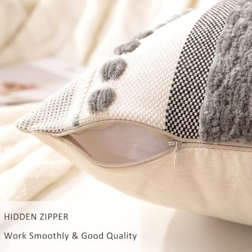 WANLIRD Boho Throw Pillow Covers 18x18 Set of 2 Farmhouse Decorative Cushion Case Striped Square Pillows Cover Chenille Pillow Cases Accent Neutral Pillowcase for Sofa Couch Bed,Gray - Image 3