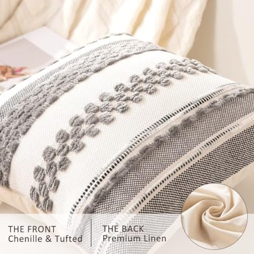 WANLIRD Boho Throw Pillow Covers 18x18 Set of 2 Farmhouse Decorative Cushion Case Striped Square Pillows Cover Chenille Pillow Cases Accent Neutral Pillowcase for Sofa Couch Bed,Gray - Image 2