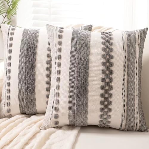 WANLIRD Boho Throw Pillow Covers 18x18 Set of 2 Farmhouse Decorative Cushion Case Striped Square Pillows Cover Chenille Pillow Cases Accent Neutral Pillowcase for Sofa Couch Bed,Gray - Image 1