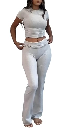 ZFLM Casual Workout Two Piece Outfits for Women Short Sleeve Crop High Waist Foldover Flare Pants Tracksuit Sets Streetwear - Image 5