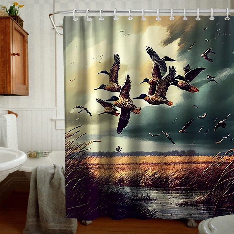 Final Friday Rustic Shower Curtains Wild Ducks Hunting Flying Theme Cloth Fabric Bathroom Decor Sets with Hooks Waterproof Washable 72 x 72 inches Brown and Teal - Image 2
