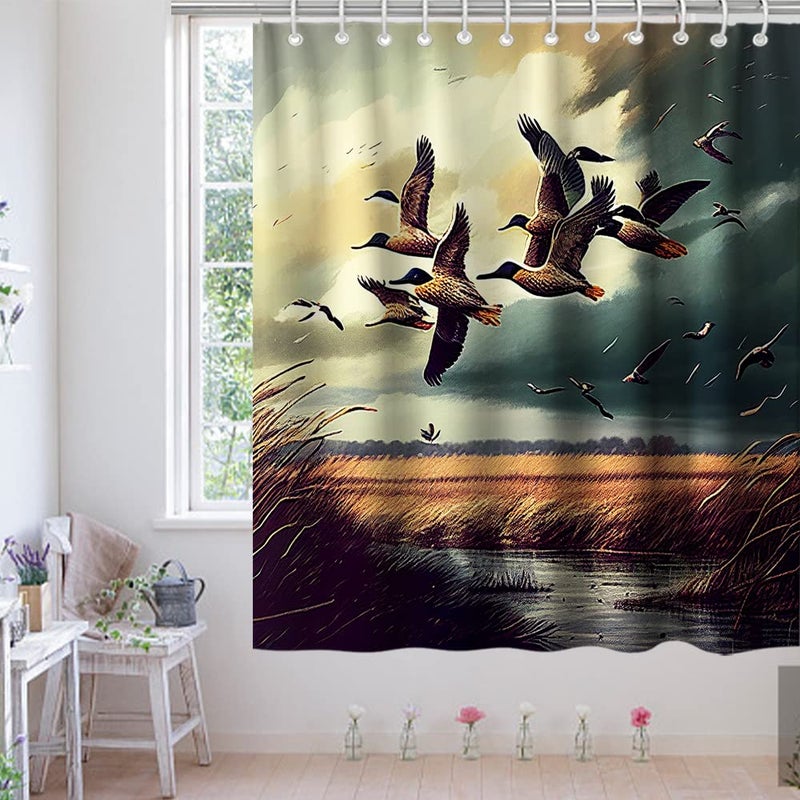 Final Friday Rustic Shower Curtains Wild Ducks Hunting Flying Theme Cloth Fabric Bathroom Decor Sets with Hooks Waterproof Washable 72 x 72 inches Brown and Teal - Image 3