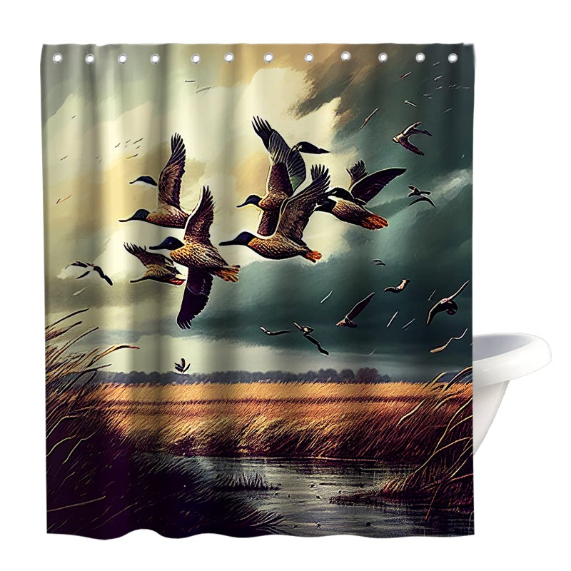Final Friday Rustic Shower Curtains Wild Ducks Hunting Flying Theme Cloth Fabric Bathroom Decor Sets with Hooks Waterproof Washable 72 x 72 inches Brown and Teal - Image 1