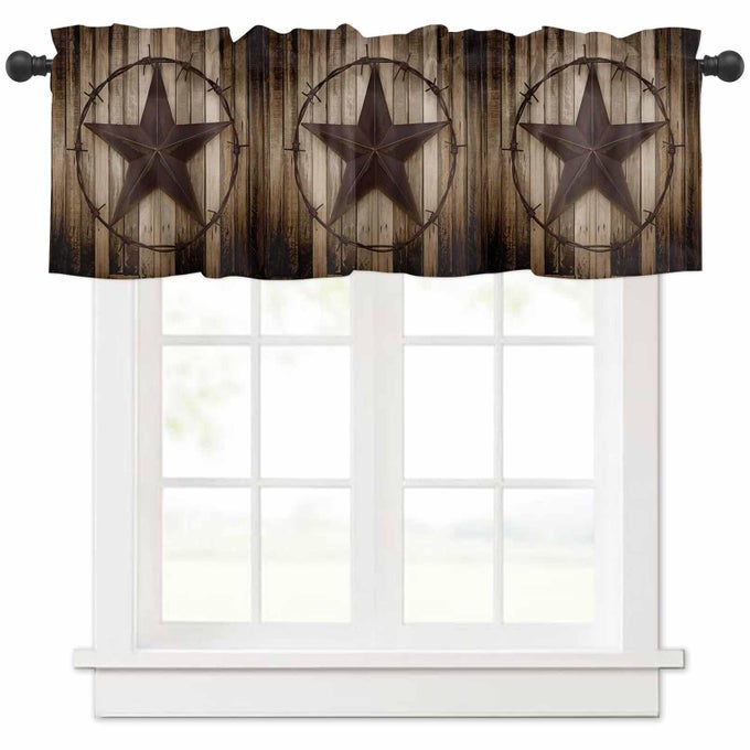 WESTERN TEXAS STAR WINDOW CURTAIN VALANCE FOR LIVING ROOMKITCHENBATHROOMFARMHOUSE RETRO RUSTIC WOODEN BOARDS SHORT ROD POCKET TIER CURTAIN WINDOW TREATMENT 1 PANEL 54X18