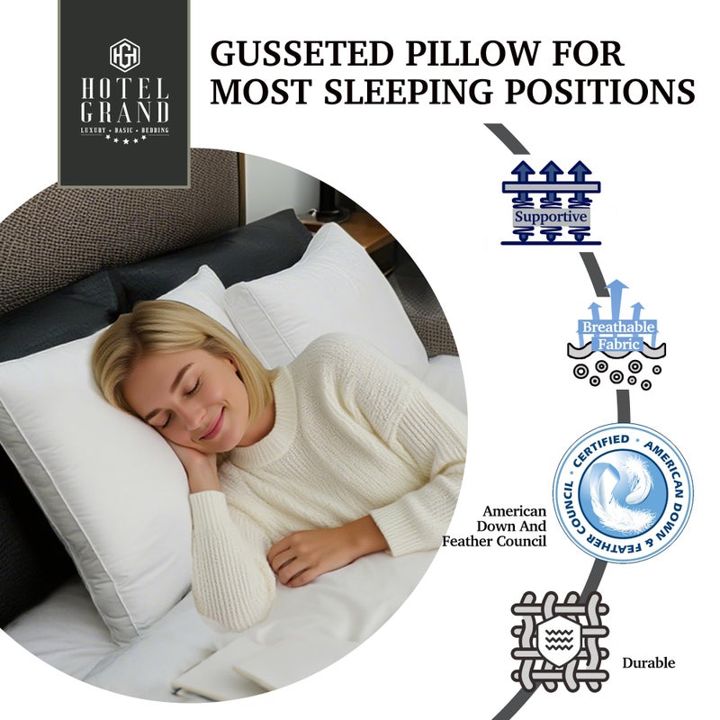Hotel Grand Goose Feather Down Fiber Bed Pillows Queen/Standard Size Set of 2, 100% Cotton Cover, Medium Firm Hotel Collection Gusseted Pillows for Back, Stomach or Side Sleepers, 18"x26", White - Image 3