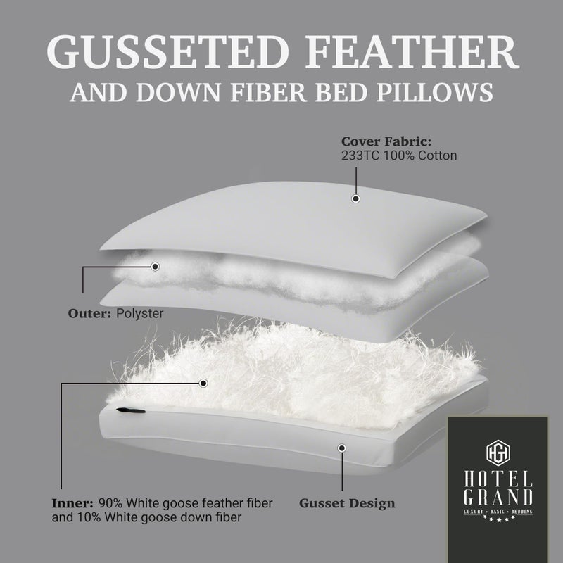 Hotel Grand Goose Feather Down Fiber Bed Pillows Queen/Standard Size Set of 2, 100% Cotton Cover, Medium Firm Hotel Collection Gusseted Pillows for Back, Stomach or Side Sleepers, 18"x26", White - Image 5