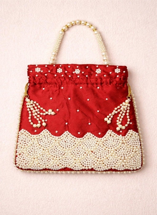 ATHZ Women Silk Potli Bag Heavy Bead Work with Drawstring Closure & Wrist Handle Cheed Moti Handle 11 inch X 10 inch (Red, White) - Image 5