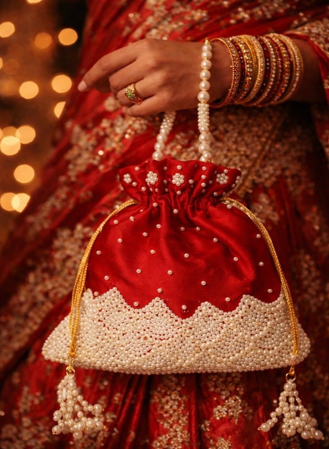 ATHZ Women Silk Potli Bag Heavy Bead Work with Drawstring Closure & Wrist Handle Cheed Moti Handle 11 inch X 10 inch (Red, White) - Image 2