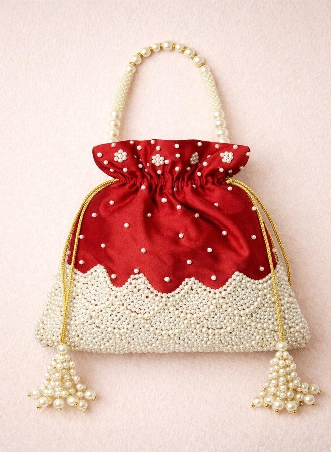ATHZ Women Silk Potli Bag Heavy Bead Work with Drawstring Closure & Wrist Handle Cheed Moti Handle 11 inch X 10 inch (Red, White) - Image 3