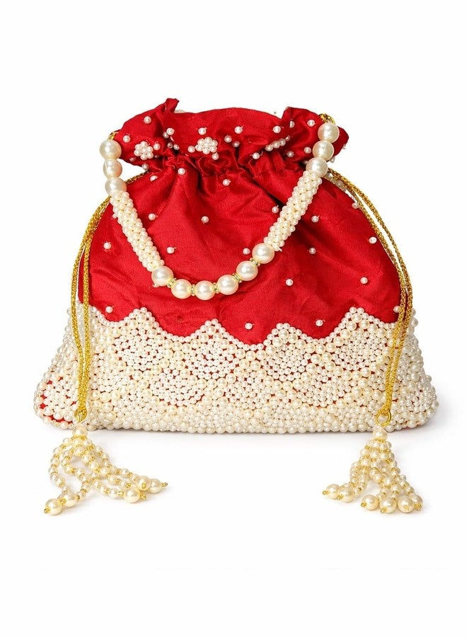 ATHZ Women Silk Potli Bag Heavy Bead Work with Drawstring Closure & Wrist Handle Cheed Moti Handle 11 inch X 10 inch (Red, White) - Image 1