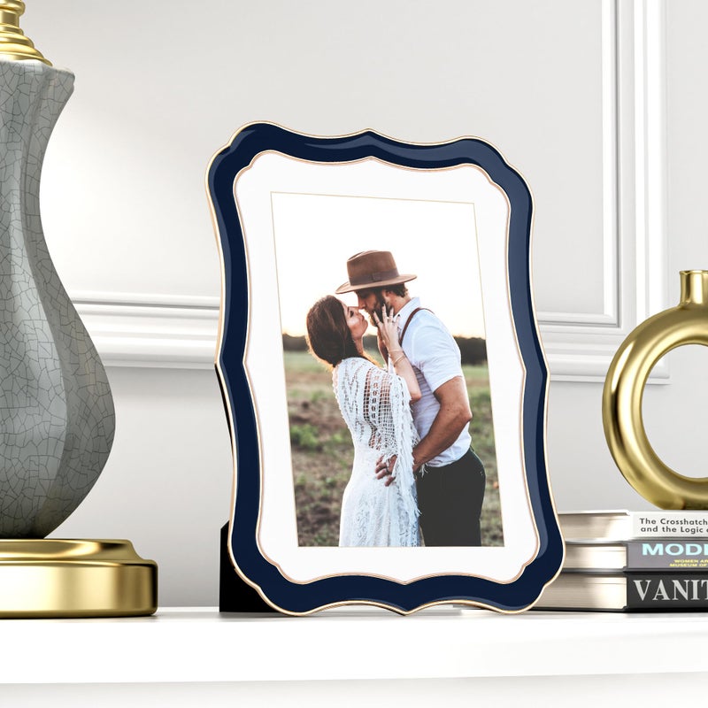 RICHFOCUS 5x7 Enamel Picture Frame with HD-Tempered Glass  Display 4x6 Photo with Mat  Ornate Photo Frame with Metal Edge & Velvet Back for Tabletop & Wall Mount Vertically or Horizontally Display  Navy Blue - Image 1
