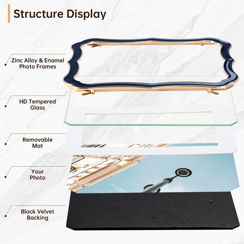 RICHFOCUS 5x7 Enamel Picture Frame with HD-Tempered Glass  Display 4x6 Photo with Mat  Ornate Photo Frame with Metal Edge & Velvet Back for Tabletop & Wall Mount Vertically or Horizontally Display  Navy Blue - Image 3