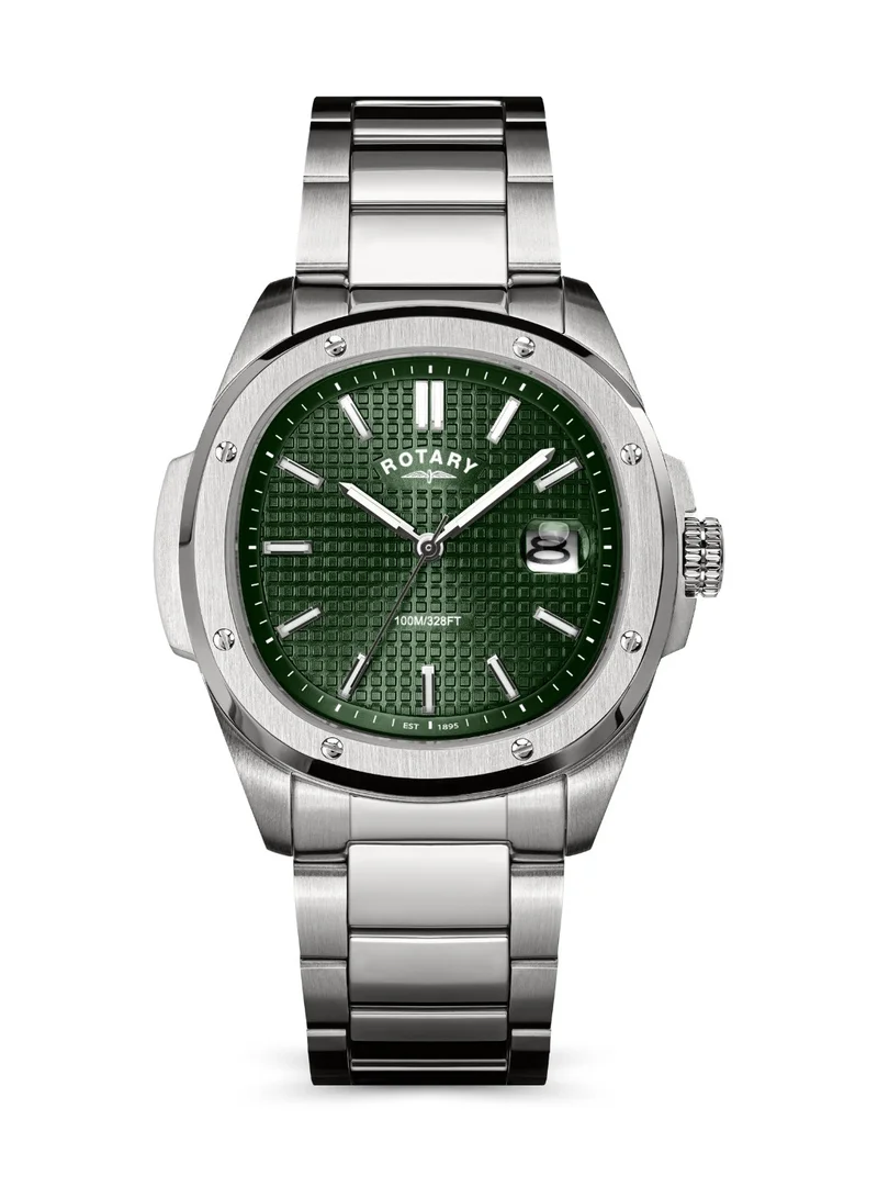 Rotary Men's Apex 100 Analogue Watch, 40 mm, Green Dial, Stainless Steel Bracelet