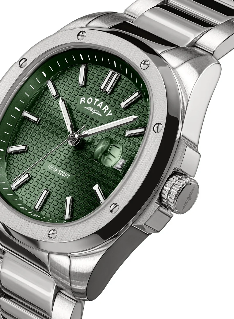 Rotary Men's Apex 100 Analogue Watch, 40 mm, Green Dial, Stainless Steel Bracelet