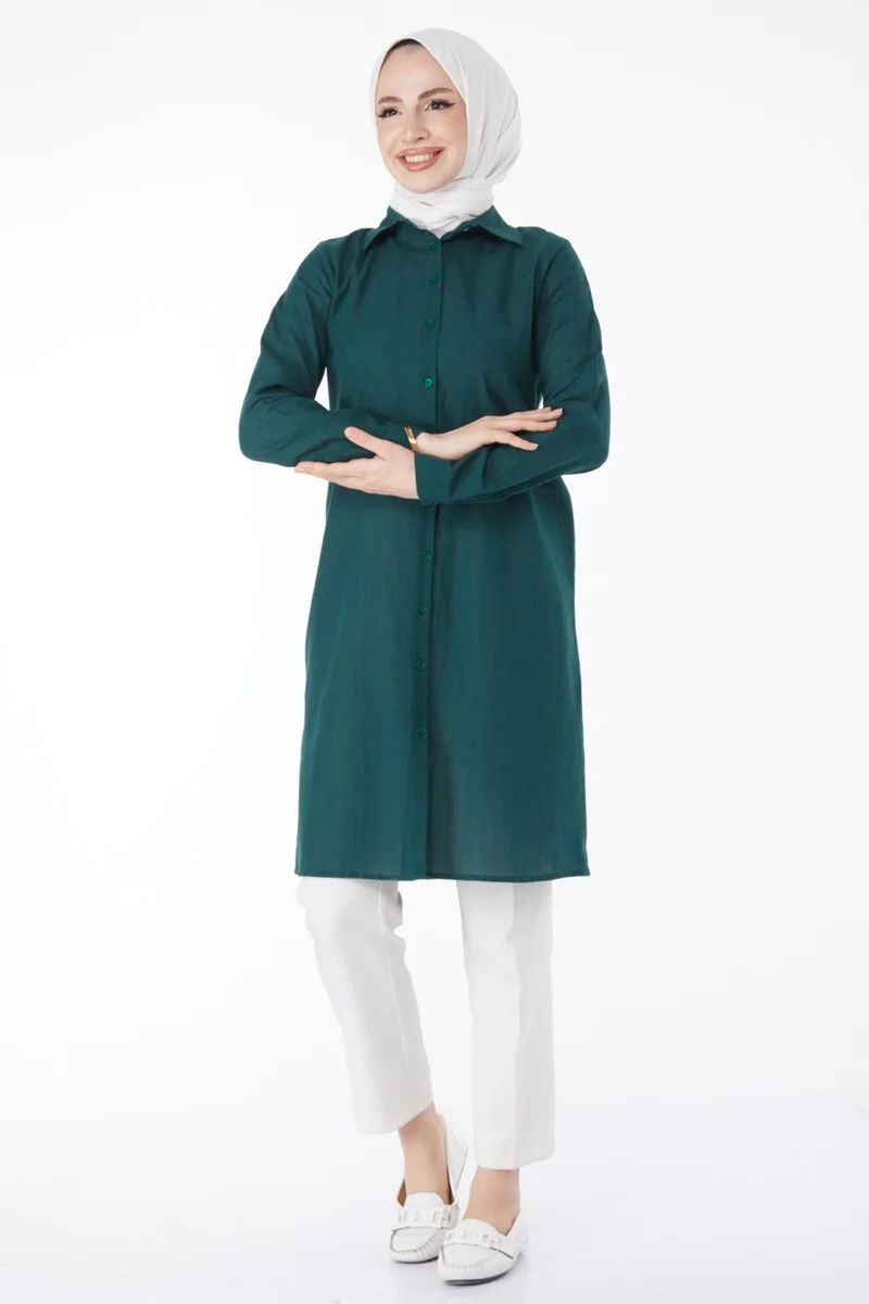 Tofisa Plain Shirt Collar Women's Green Tunic - 13141