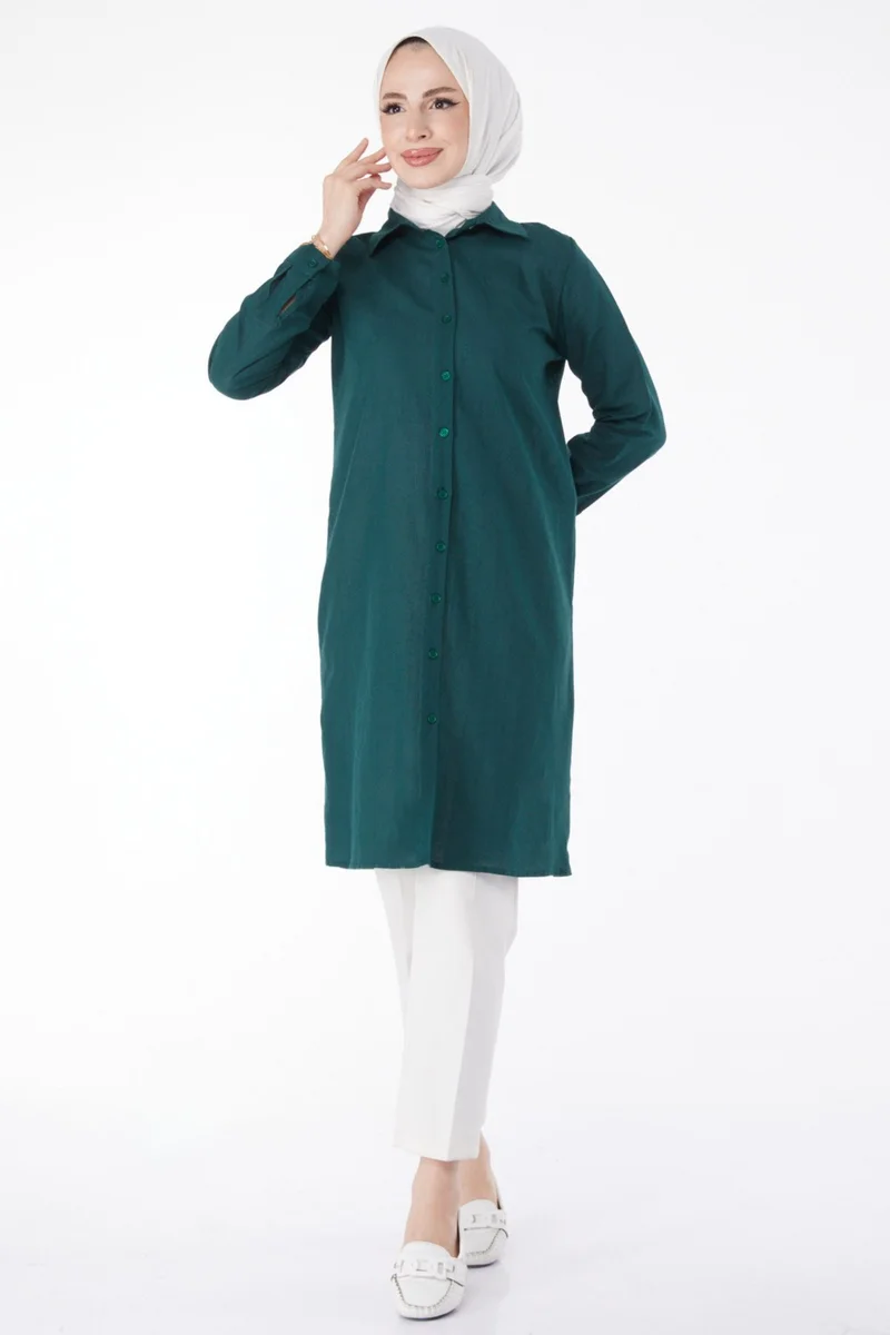 Tofisa Plain Shirt Collar Women's Green Tunic - 13141