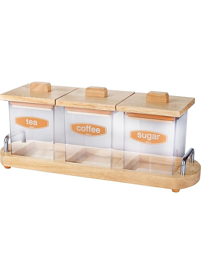 BILLI Coffee Tea And Sugar Canister Set With Wooden Lid And Stand - Image 1