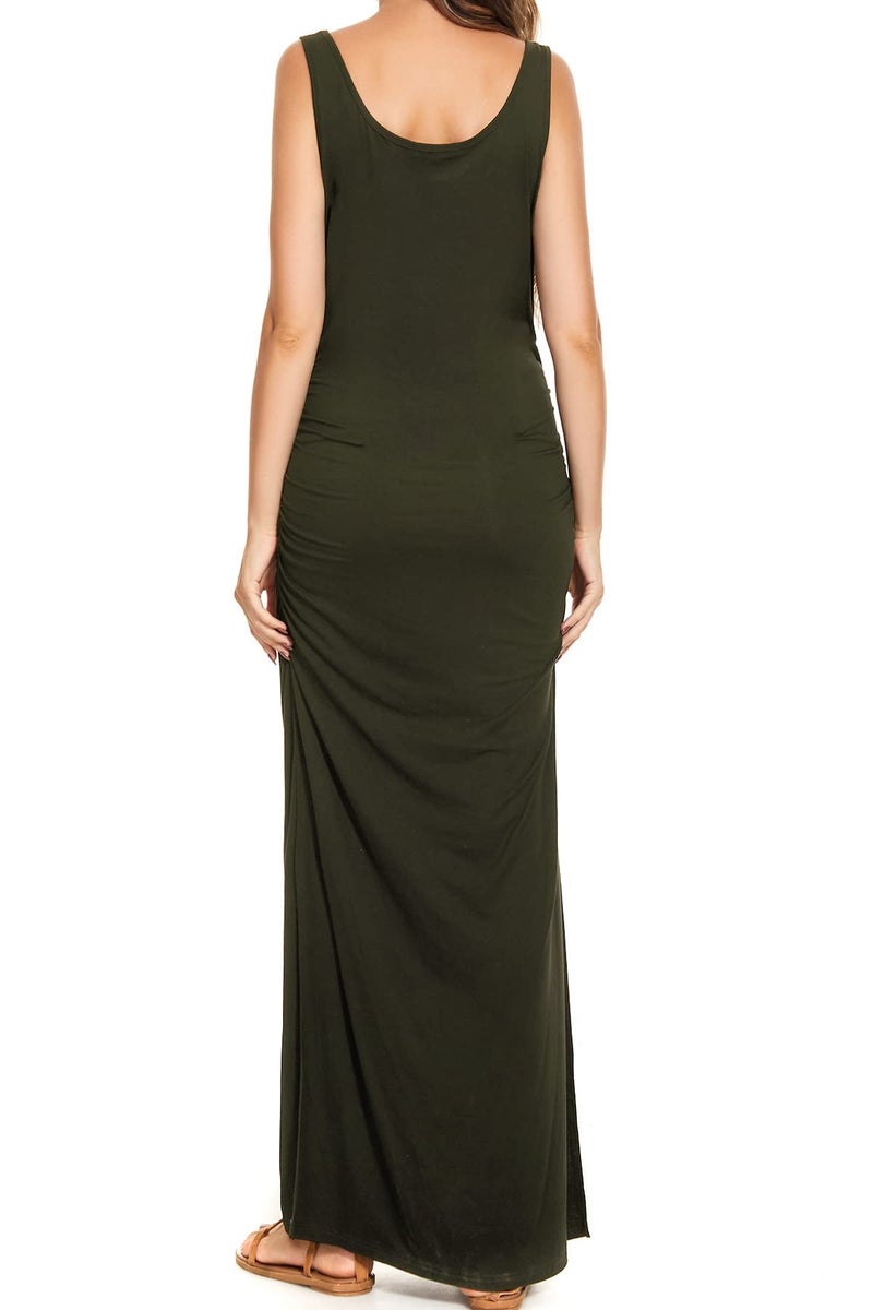 Smallshow Women's Split Long Maternity Dress Sleeveness Ruched Pregnancy Clothes Medium Army Green - Image 3