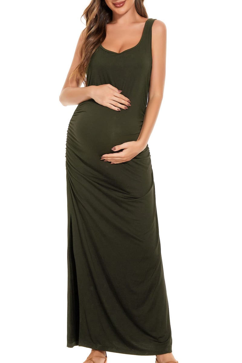 Smallshow Women's Split Long Maternity Dress Sleeveness Ruched Pregnancy Clothes Medium Army Green - Image 2