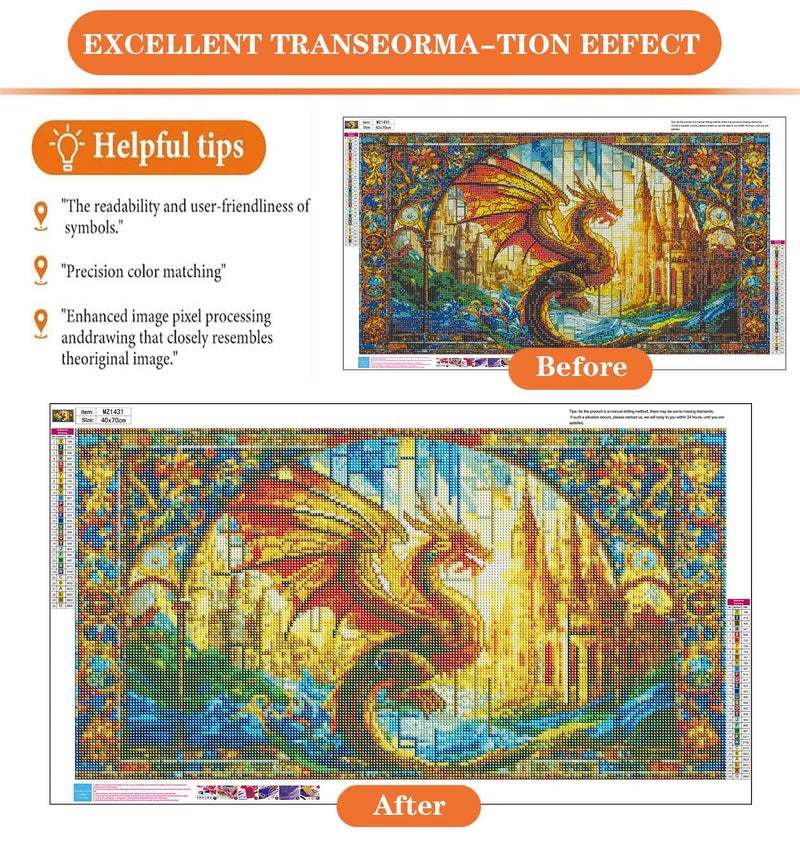 igoodom Large Diamond Painting, Stained Glass Dragon Diamond Art Kits for Adults, Full Drill Round Big Diamond Painting, DIY Gem Art and Crafts for Home Wall Decor Gift 27.5 X 15.7inch - Image 3