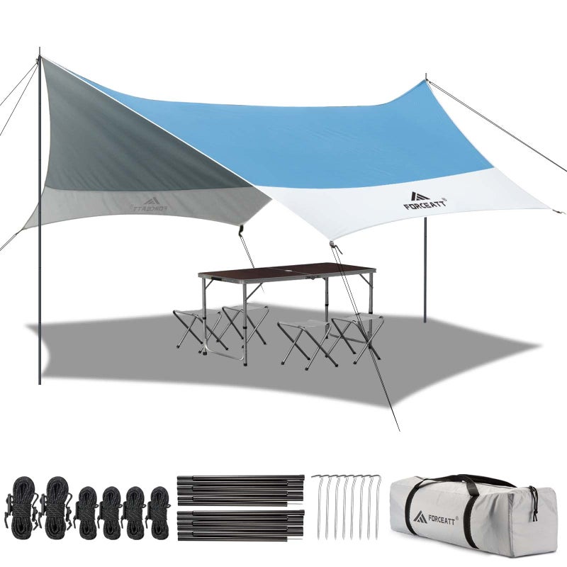 Forceatt 12x14FT Tarp with 2 Poles Waterproof AntiUV Camping Tarp Car Awning UPF50 Lightweight Sun Shelter for Car Tent and Hammock in Hiking Backpacking Garden and Traveling