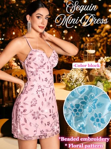 ShawGobow Beaded Sequin Dress,Backless Floral Mini Dresses for Women,Homecoming Cocktail Party Sparkly Outfits Pink Medium - Image 3