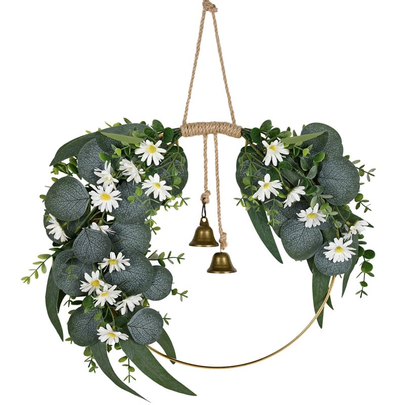 Kuabiz Spring Eucalyptus Wreath for Front Door 15.7" Artificial Spring Greenery Wreath with Olive Leaves Daisy Flower Summer Wreaths All Season for Farmhouse Porch Window Hanging Wall Home Decor - Image 1
