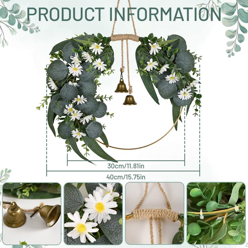 Kuabiz Spring Eucalyptus Wreath for Front Door 15.7" Artificial Spring Greenery Wreath with Olive Leaves Daisy Flower Summer Wreaths All Season for Farmhouse Porch Window Hanging Wall Home Decor - Image 2