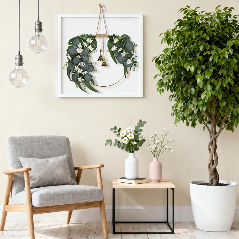 Kuabiz Spring Eucalyptus Wreath for Front Door 15.7" Artificial Spring Greenery Wreath with Olive Leaves Daisy Flower Summer Wreaths All Season for Farmhouse Porch Window Hanging Wall Home Decor - Image 4