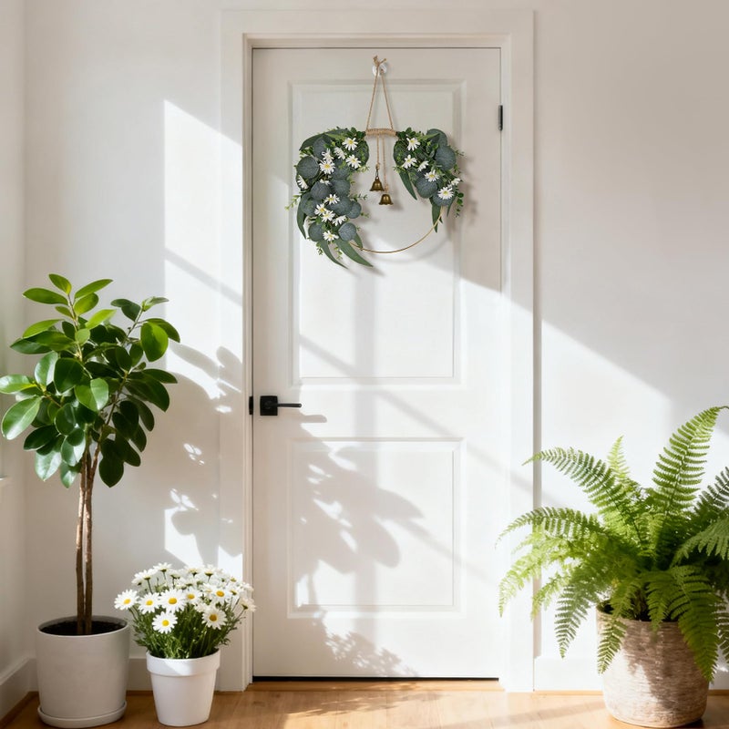 Kuabiz Spring Eucalyptus Wreath for Front Door 15.7" Artificial Spring Greenery Wreath with Olive Leaves Daisy Flower Summer Wreaths All Season for Farmhouse Porch Window Hanging Wall Home Decor - Image 3