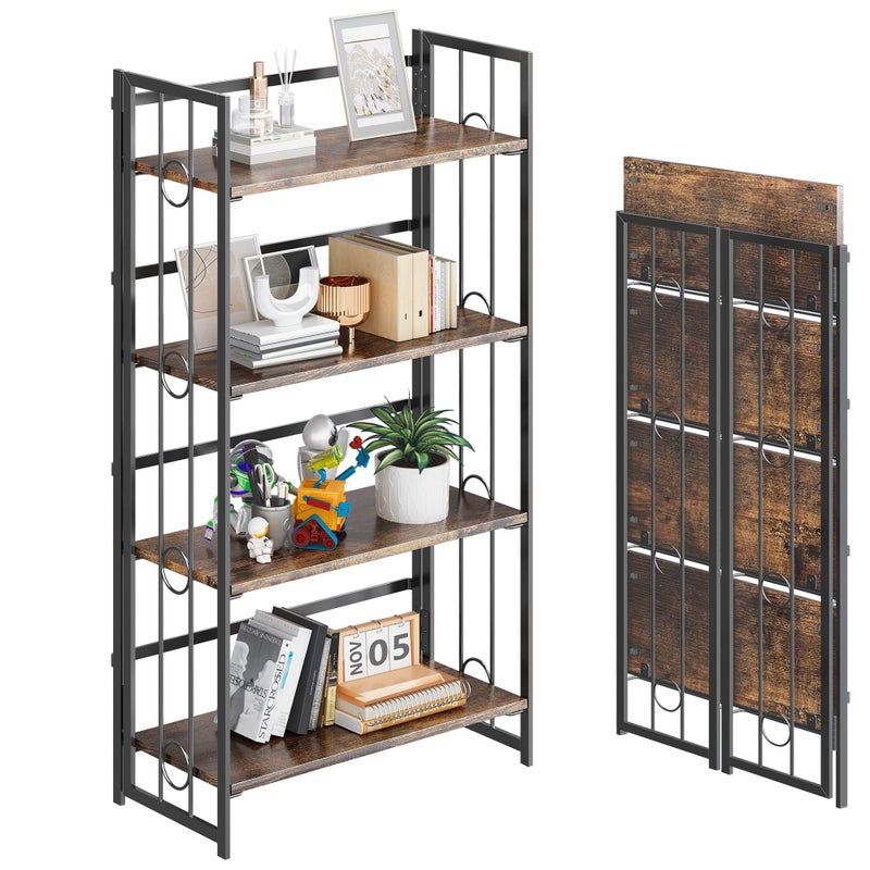 4NM NoAssembly 4 Tiers Folding Bookshelf Storage Shelves Vintage Bookcase Standing Racks Study Organizer Home Office  Rustic Brown and Black