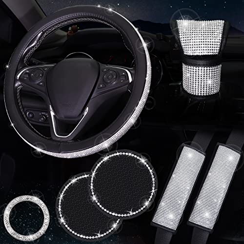 ToBeQueen Bling Car Accessories for Women7 Pack Sparkly Rhinestone Diamond Steering Wheel Cover SetBling Seat Belt CushionShift Knob CoverPush Start Button AccessoriesCar Cup CoasterSilver