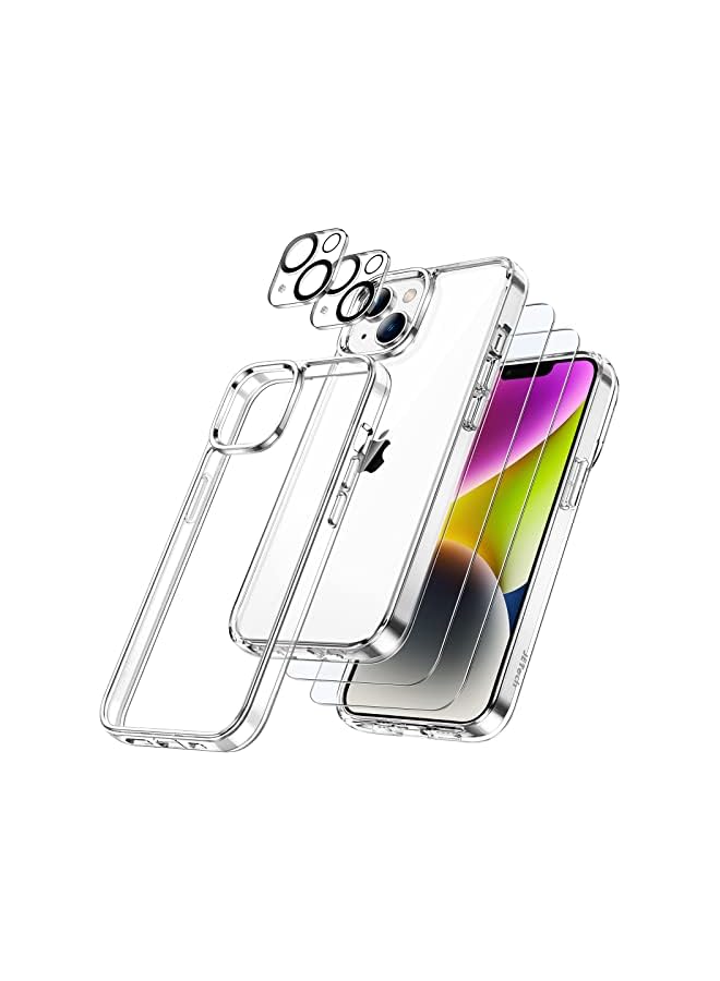JETech 5 in 1 Case for iPhone 14 6.1-Inch, with 2-Pack Screen Protector and Camera Lens Protector, Non-Yellowing Shockproof Bumper Phone Cover, Full Coverage Tempered Glass Film (Clear) - Image 1