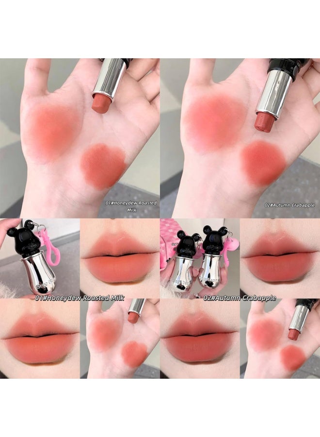 Gege Bear Cute Mist Crayon Lipstick | Soft-Fog Matte Finish | Collectible Bear-Head Cap with Pink Keychain Charm | Shades Including Light Pink, Nude & Brown | Moisturizing Lip with Lip Care Formula | Long-Lasting Lipstick for Women & Girls (02# Autumn Crabapple, 3.5g) - Image 2