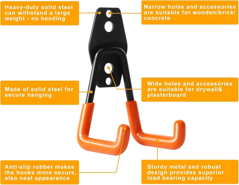 KURUI Heavy Duty Wall Hook for Hanging, 2 Pack Garage Tool Organizer Wall Mount, Metal Garage Storage Hooks for Ladder,Extension,Garden Tool, Small Utility Hook, Hose Holder for Outdoor and Indoors - Image 4