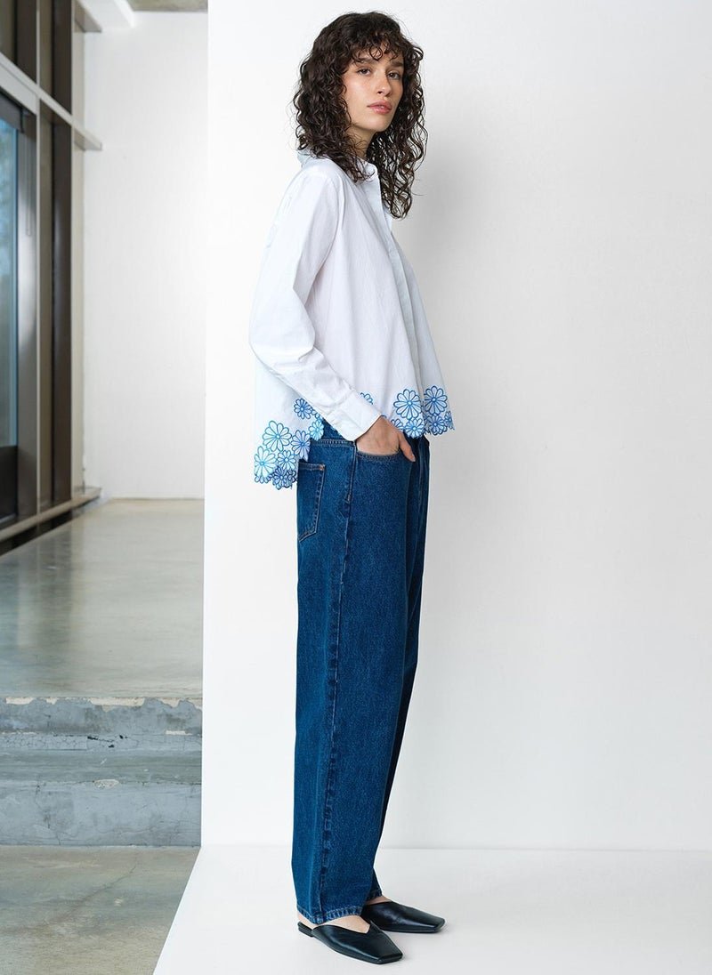 French Connection Women's Linen White/Azure Bl Cambria Cotton Floral Hem Shirt - Image 5