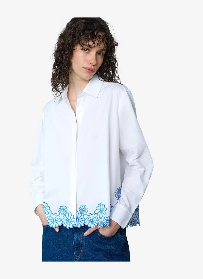 French Connection Women's Linen White/Azure Bl Cambria Cotton Floral Hem Shirt