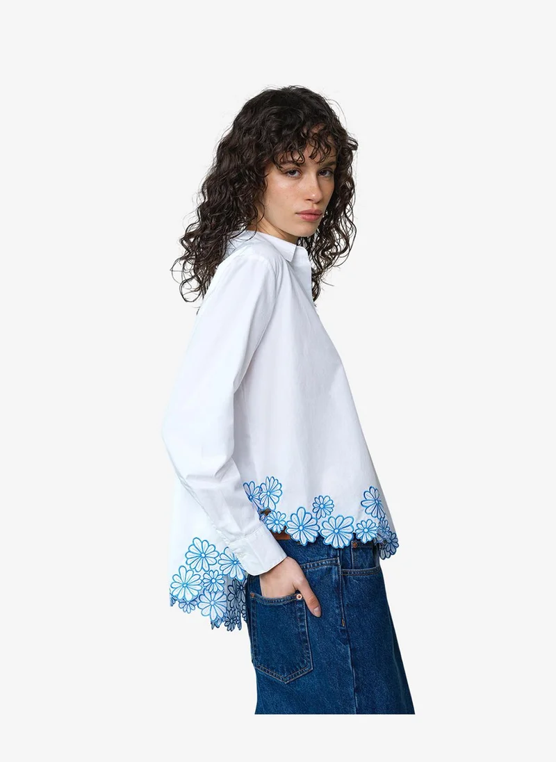 French Connection Women's Linen White/Azure Bl Cambria Cotton Floral Hem Shirt