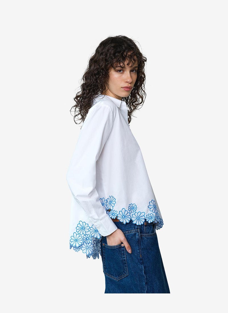 French Connection Women's Linen White/Azure Bl Cambria Cotton Floral Hem Shirt - Image 2