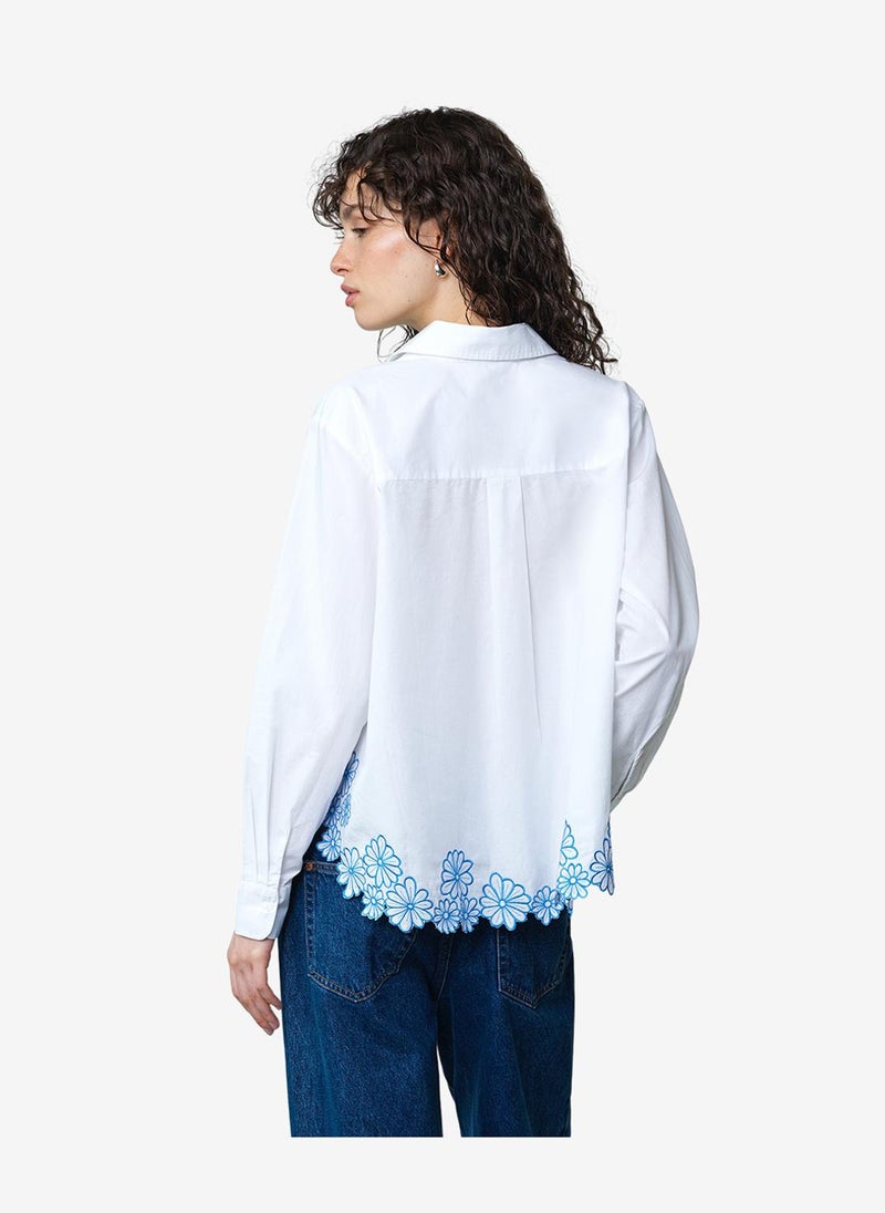French Connection Women's Linen White/Azure Bl Cambria Cotton Floral Hem Shirt - Image 3